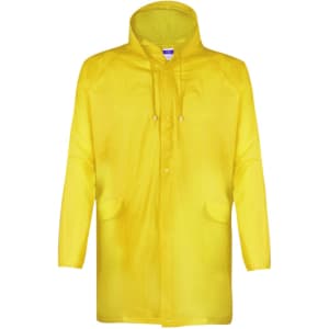 A yellow raincoat with a hood and front pockets, featuring a logo on the chest area.