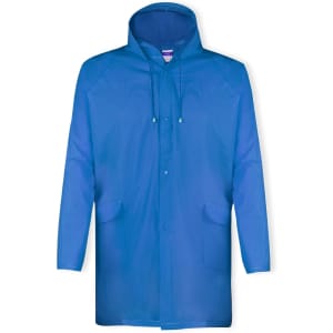 A blue raincoat with a hood, featuring a front opening and two front pockets. It has a logo.