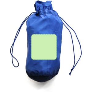 A blue raincoat packed in a drawstring bag, featuring a blank area for branding or labels.