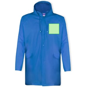 A blue raincoat featuring a hood and front pockets, with a logo on the upper left side.