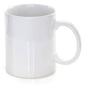 A white coffee mug with a glossy finish, featuring a handle and a smooth surface, including a branding logo.