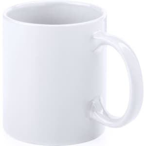 A white coffee mug with a smooth finish and a handle, featuring a branding logo. Ideal for sublimation printing.