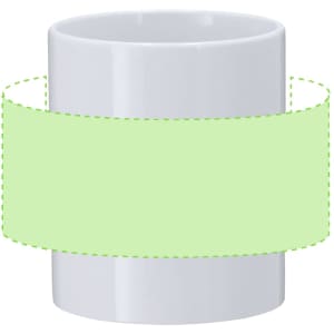 A white sublimation coffee mug featuring a plain green band for custom designs or branding.