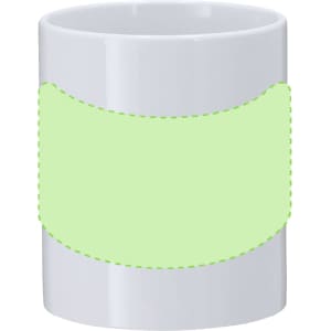 A white coffee mug featuring a smooth, green design band around its centre. The mug has a glossy finish.