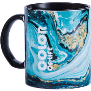 A coffee mug featuring a marbled turquoise and black design with a logo on the side.