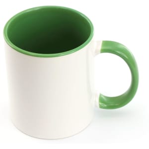 A coffee mug with a white exterior and green handle and inner rim. It features a logo on one side.
