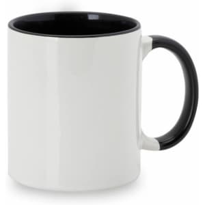 A coffee mug featuring a white exterior and a black interior with a black handle. It includes a logo.