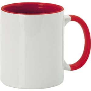 A coffee mug featuring a white body and a vibrant red handle and interior. It has a logo on one side.