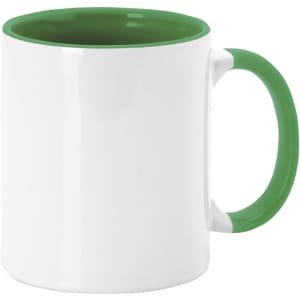 A white coffee mug with a green handle and interior, featuring a logo.
