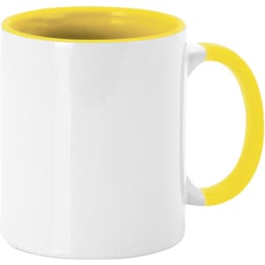 A coffee mug with a white body and yellow handle and interior. It features a logo.