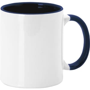 A white coffee mug with a navy blue interior and handle, featuring a branding logo.