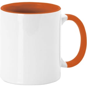 A white coffee mug with an orange handle and interior, featuring a branding logo.