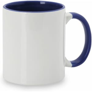A white coffee mug with a navy blue handle and interior, featuring a logo.