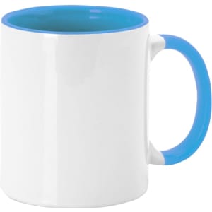 A coffee mug featuring a white body with a vibrant blue handle and interior. It has a logo on the side.