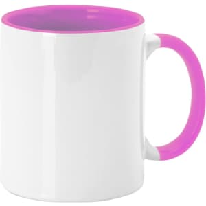 A coffee mug in white with a bright pink interior and handle, featuring a logo.