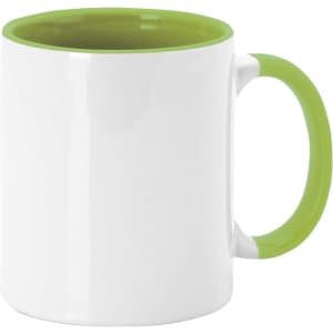 A coffee mug featuring a white exterior with a bright green handle and inner rim. It also has a logo.