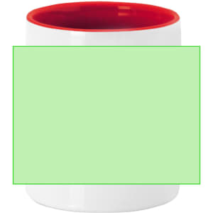 A coffee mug featuring a white exterior and a vibrant red interior. It includes branding on the surface.