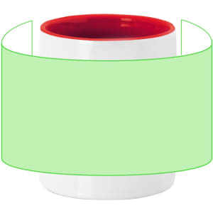 A coffee mug featuring a white exterior and a bright red interior, with a circular design placeholder.
