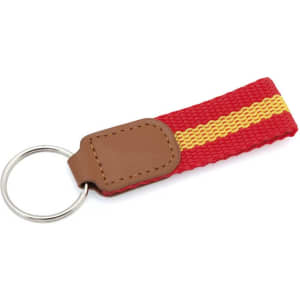 A red keyring with a yellow stripe and a brown leather attachment. It features a metal keyring loop.