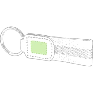 A green keyring with a loop and a rectangular tag, featuring a logo on the tag.