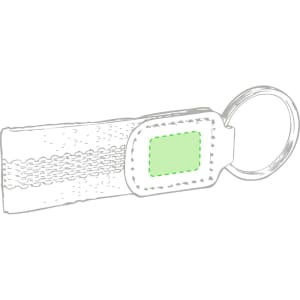 A green keyring featuring a rectangular embellishment and a metal keyring attachment.
