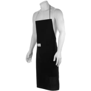A black apron with a front pocket and an adjustable neck strap, displayed on a mannequin. It features a logo.