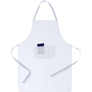 A white apron with a pocket featuring a geometric pattern. The apron has ties for fastening and a branding logo.