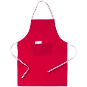 A red apron featuring a pocket and striped ties, accompanied by a branding logo.