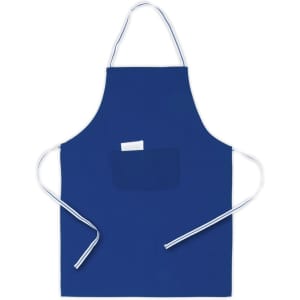 A blue Bacatus apron with a front pocket and white ties, featuring a logo on the front.