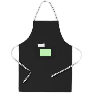 A black apron with two pockets, featuring a logo and adjustable ties.