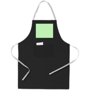 A black apron featuring a green pocket and a small white label. It has ties for securing around the waist.