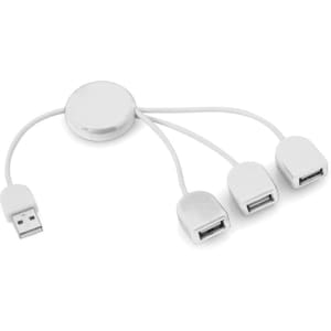 A white USB hub with three ports and a central connection, featuring a circular design and a branding logo.