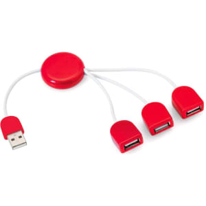 A red Pod USB Hub featuring one USB connector and three USB ports, with a circular design and white cables.