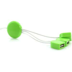A green Pod USB Hub with three white cables ending in USB ports, showing a compact and portable design.