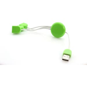 A green Pod USB Hub with multiple connectors and a round centre, featuring a logo.