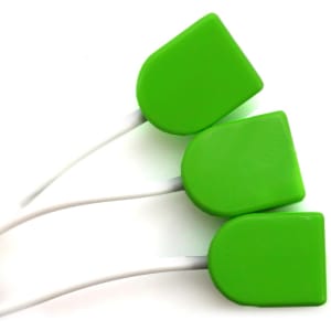 A green USB hub with three ports, each featuring a smooth, rounded design and connected by white cables.