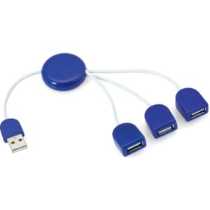 A blue Pod USB hub with a central connection point and three extending USB ports.