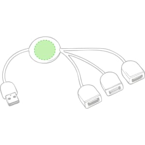 A white USB hub with a circular connection point and three ports extending from it, featuring a green accent.