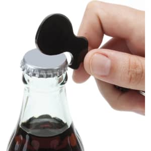 A drink bottle opener keyring in black, being used to open a glass bottle cap. Features a logo.