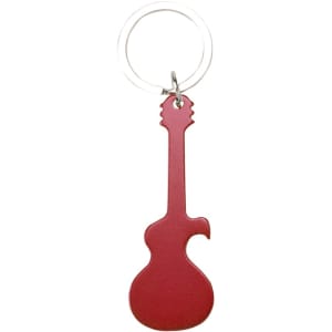 A red guitar-shaped bottle opener keyring with a metal ring attachment. It features a logo on the keyring.