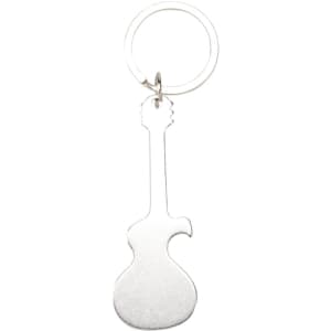 A silver bottle opener keyring shaped like a guitar with a metal ring attachment.