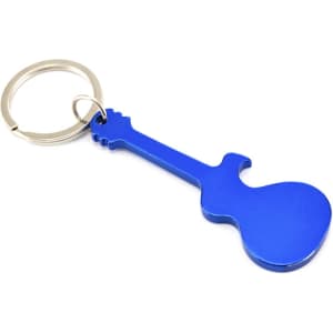 A blue guitar-shaped keyring with a bottle opener feature and a metal ring attachment.