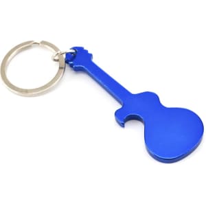 A drink bottle opener keyring shaped like a guitar, featuring a shiny blue finish and a metal keyring attachment.