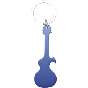 A blue guitar-shaped keyring with a metal ring, featuring a logo on its surface. Perfect for enthusiasts.