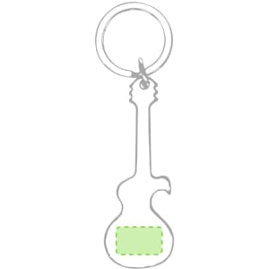 A drink bottle opener keyring shaped like a guitar, featuring a silver finish and a space for branding.