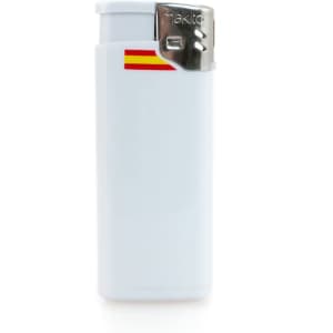 A white lighter with a metallic top and a small flag design on the side.