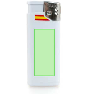A white lighter with a shiny silver top and a green blank area, featuring a logo and a small flag design.
