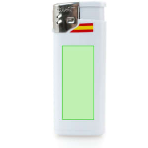 A white lighter with a silver top and a blank green space for customisation, featuring a small flag design.