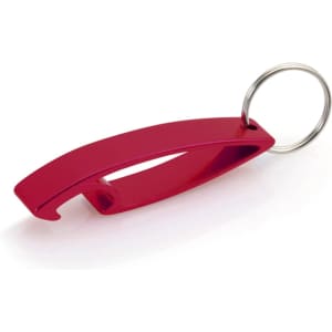 A drink bottle opener keyring in vibrant red with a sleek design and attached metal ring.