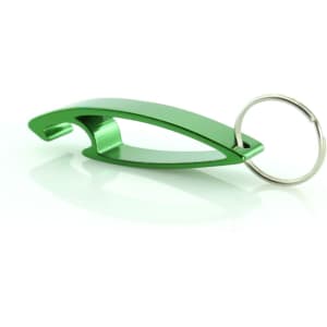 A green metal keyring bottle opener with a sleek design and a silver keyring attachment.
